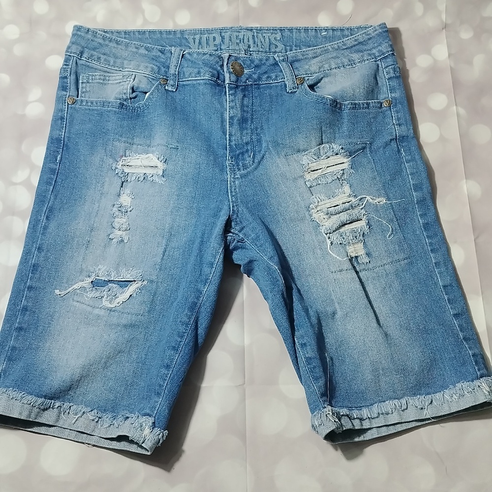 V.I.P Distressed Blue Jean Stretchy Long Shorts